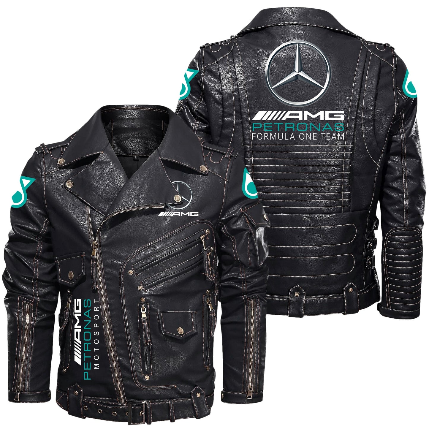 Merc AMG Petronas Belt Solid Zipper Street Leather Jacket