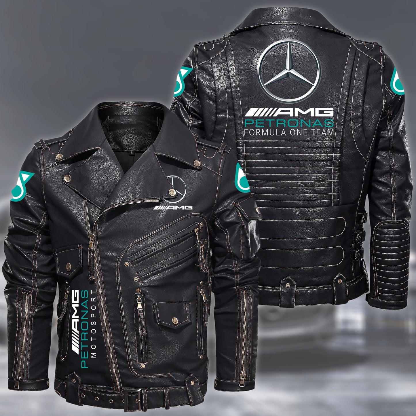 Merc AMG Petronas Belt Solid Zipper Street Leather Jacket