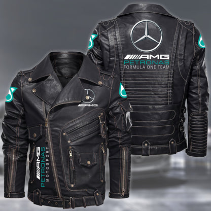 Merc AMG Petronas Belt Solid Zipper Street Leather Jacket