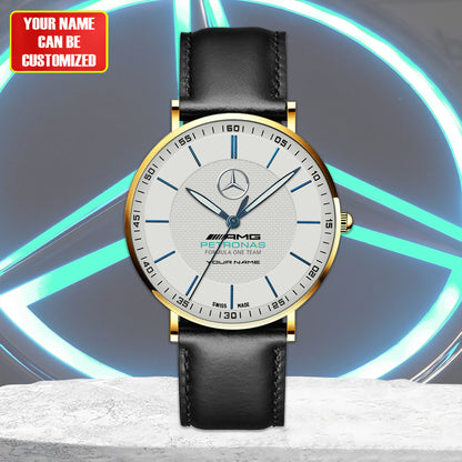 Personalized Merc AMG Petronas Sapphire Quartz Leather Watch