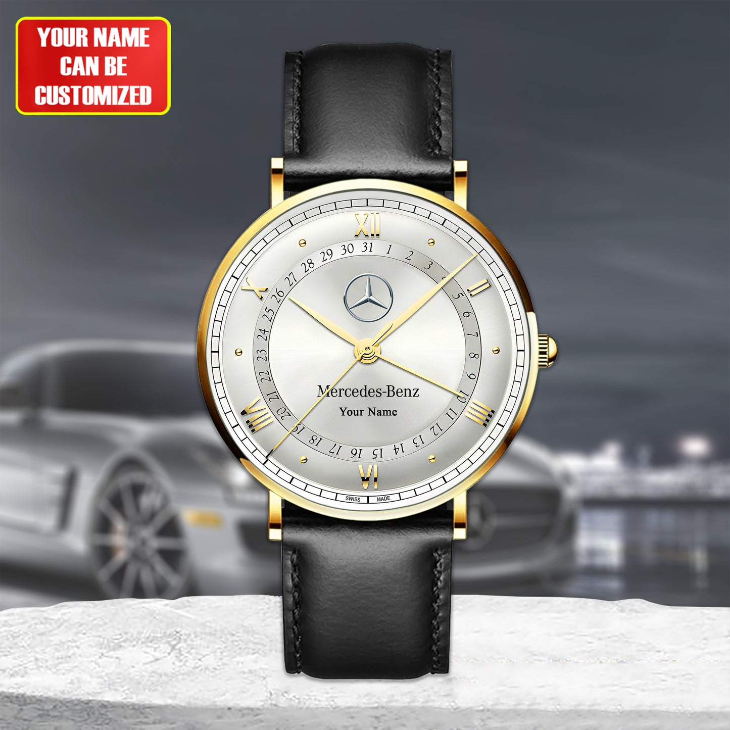 Personalized Merc Omega De Ville Prestige Quartz Leather Watch