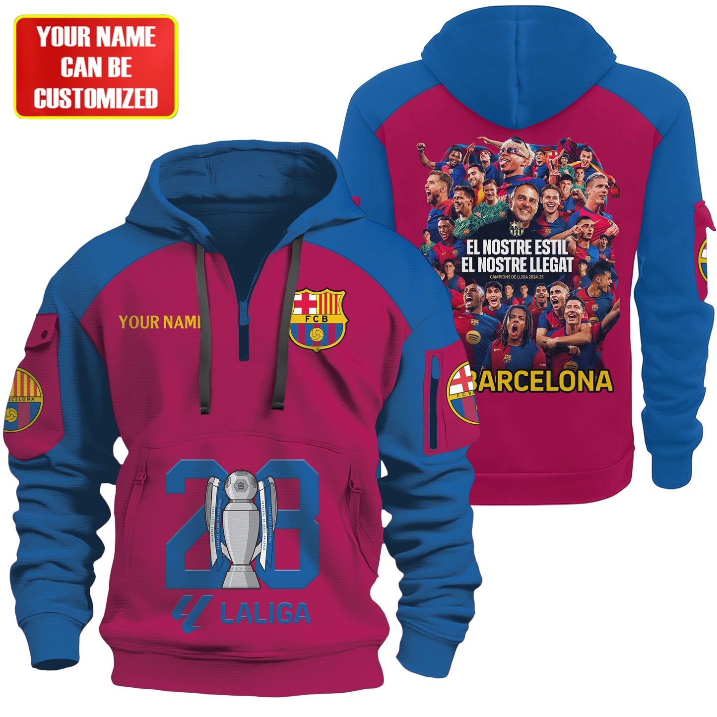 Personalized Barcelona Champions 3D Zip-Hoodie Cotton Jacket