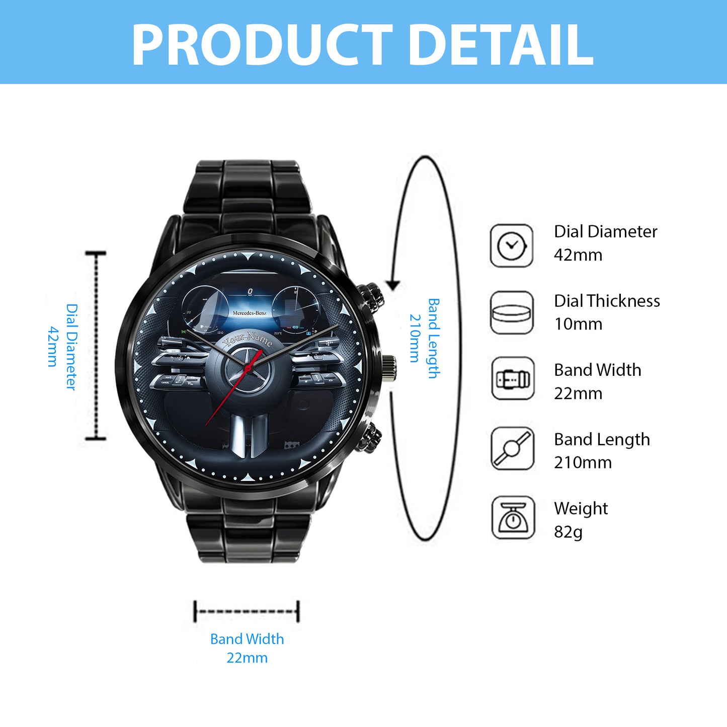 Personalized Merc Steering Wheel Luxury Stainless Steel Watch V6
