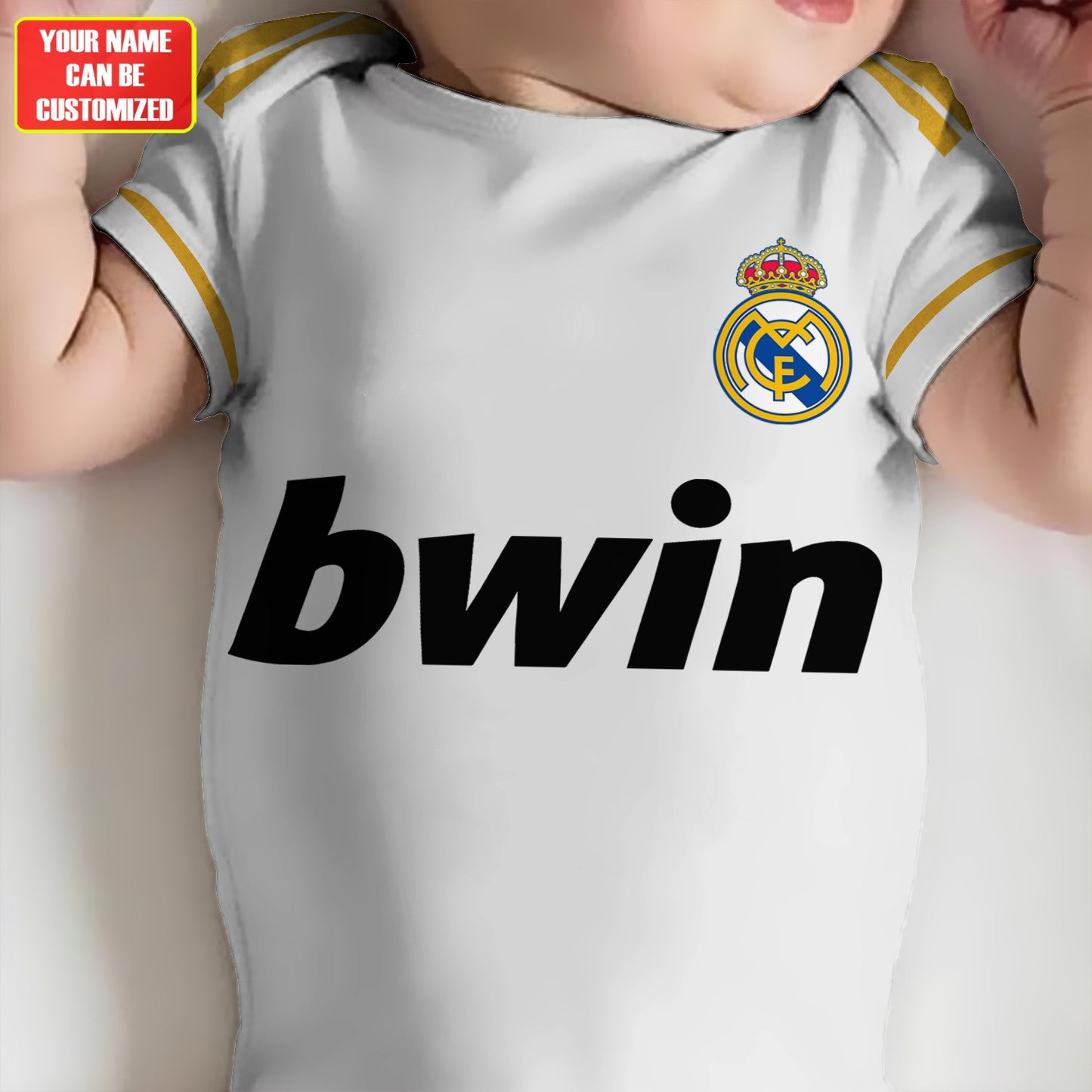 Customized Real Madrid Golden Soccer Jersey , Baby Rib Bodysuit Sizes