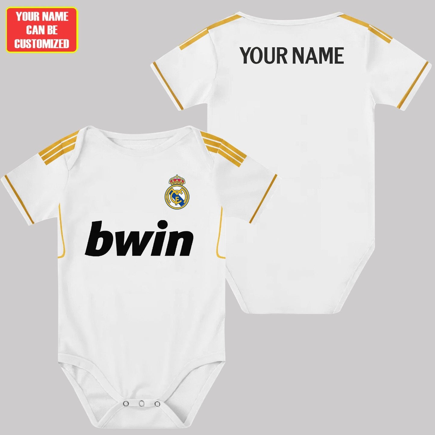 Customized Real Madrid Golden Soccer Jersey , Baby Rib Bodysuit Sizes