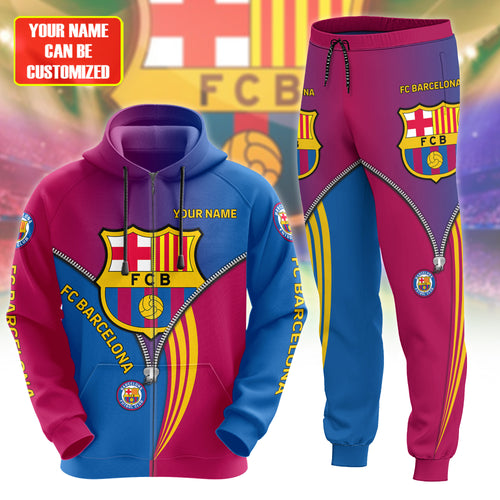 Personalized Barça Zip 3D All over Printed Hoodie and Sweatpants set