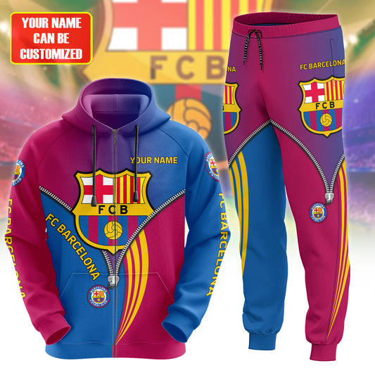 Personalized Barça Zip 3D All over Printed Hoodie and Sweatpants set