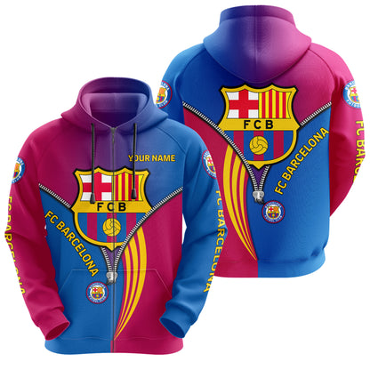 Personalized Barça Zip 3D All over Printed Hoodie and Sweatpants set