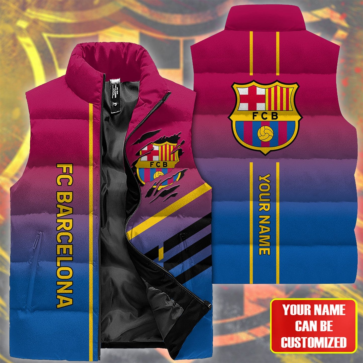 Personalized Barca FC Sleeveless Windproof Puffer Jacket 3D