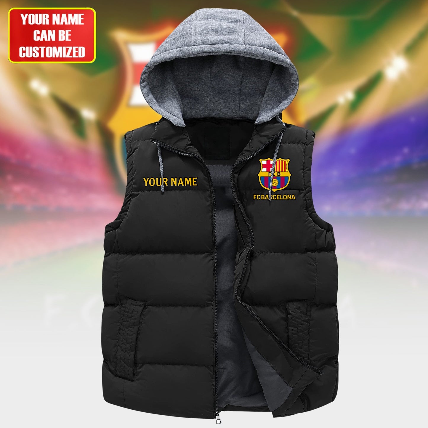 Personalized Barca Sleeveless Windproof Puffer Jacket With Hood
