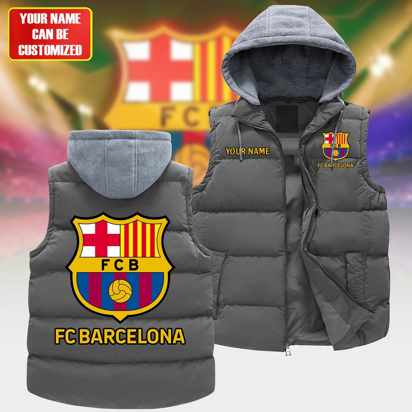 Personalized Barca Sleeveless Windproof Puffer Jacket With Hood