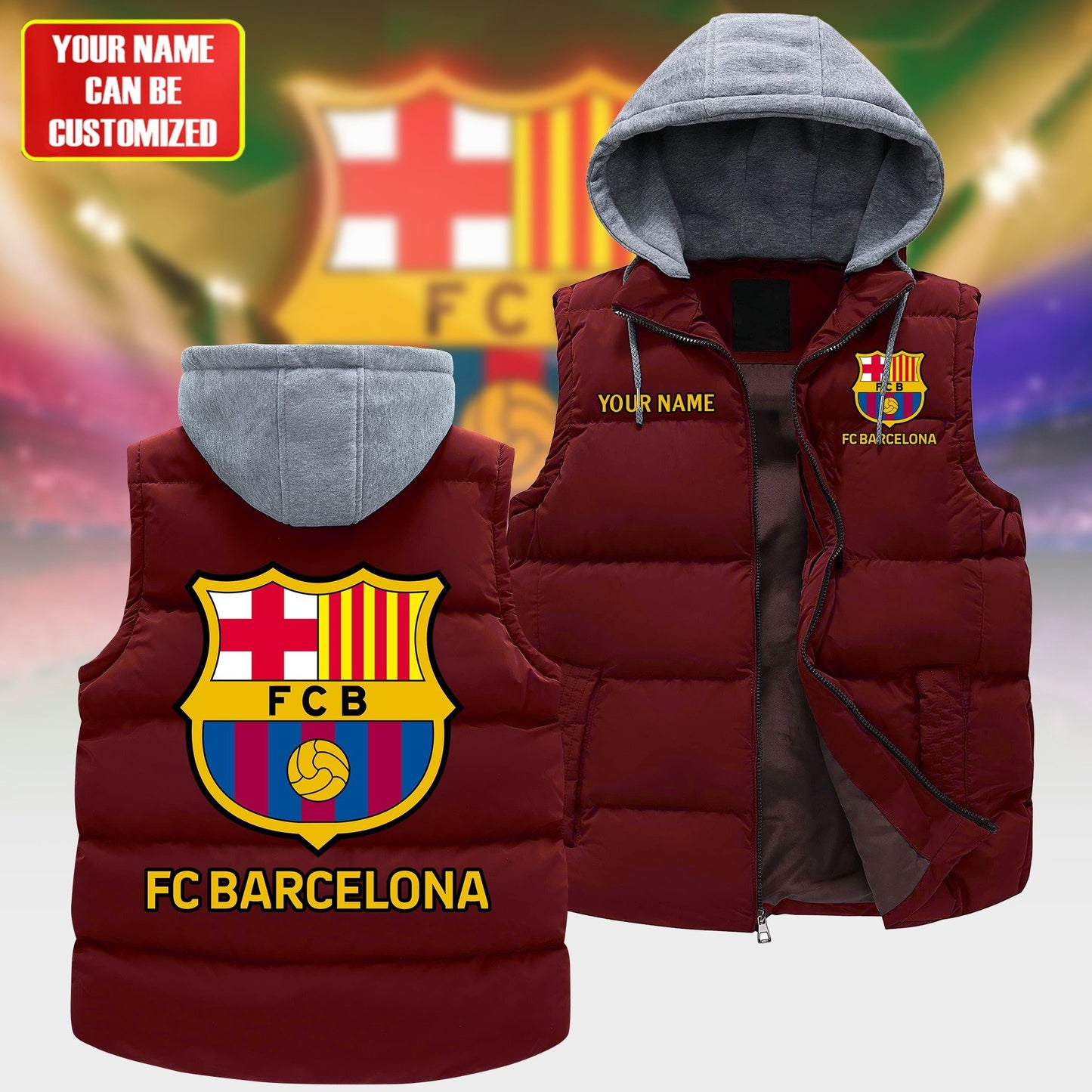 Personalized Barca Sleeveless Windproof Puffer Jacket With Hood