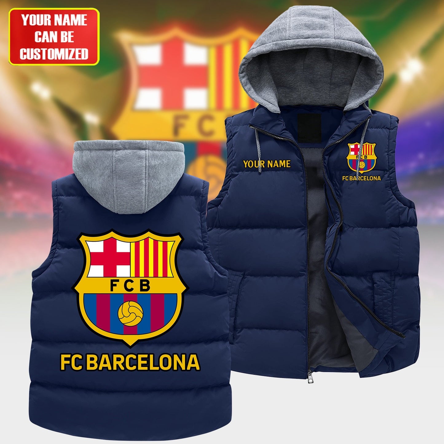 Personalized Barca Sleeveless Windproof Puffer Jacket With Hood