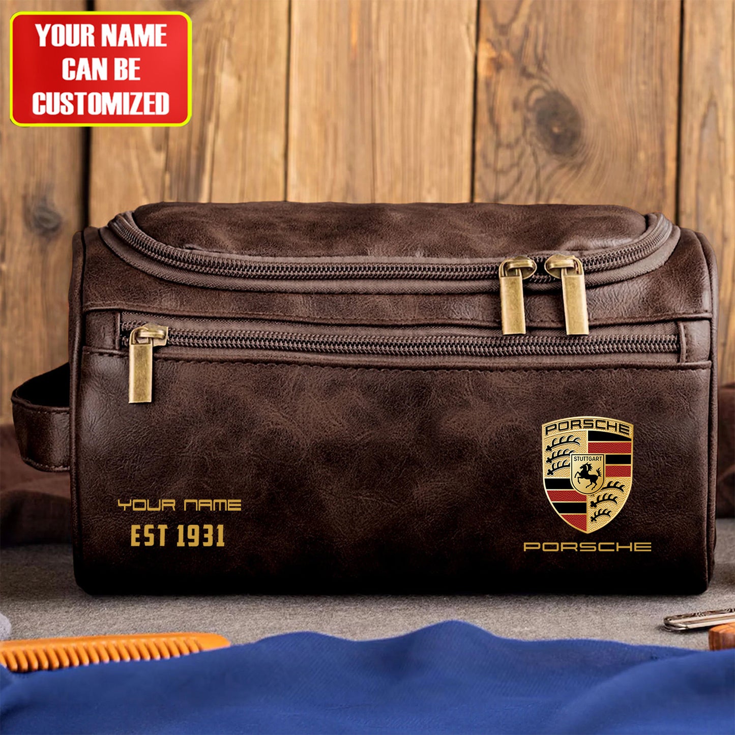 Personalized Pors Vintage Leather Toiletry Bag