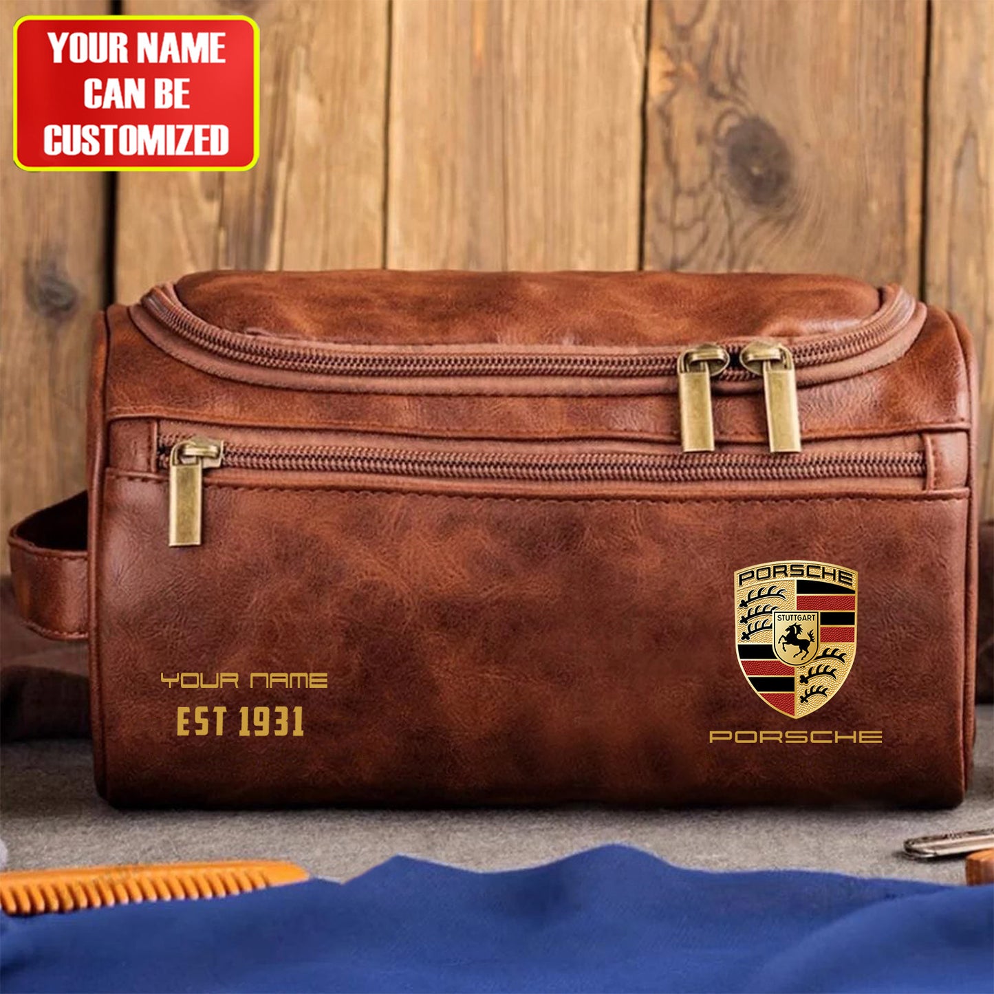 Personalized Pors Vintage Leather Toiletry Bag
