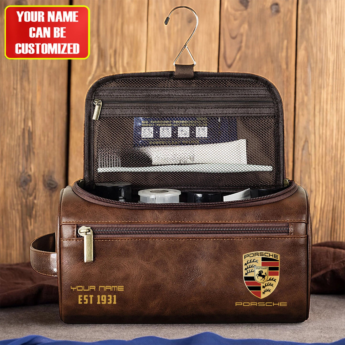 Personalized Pors Vintage Leather Toiletry Bag