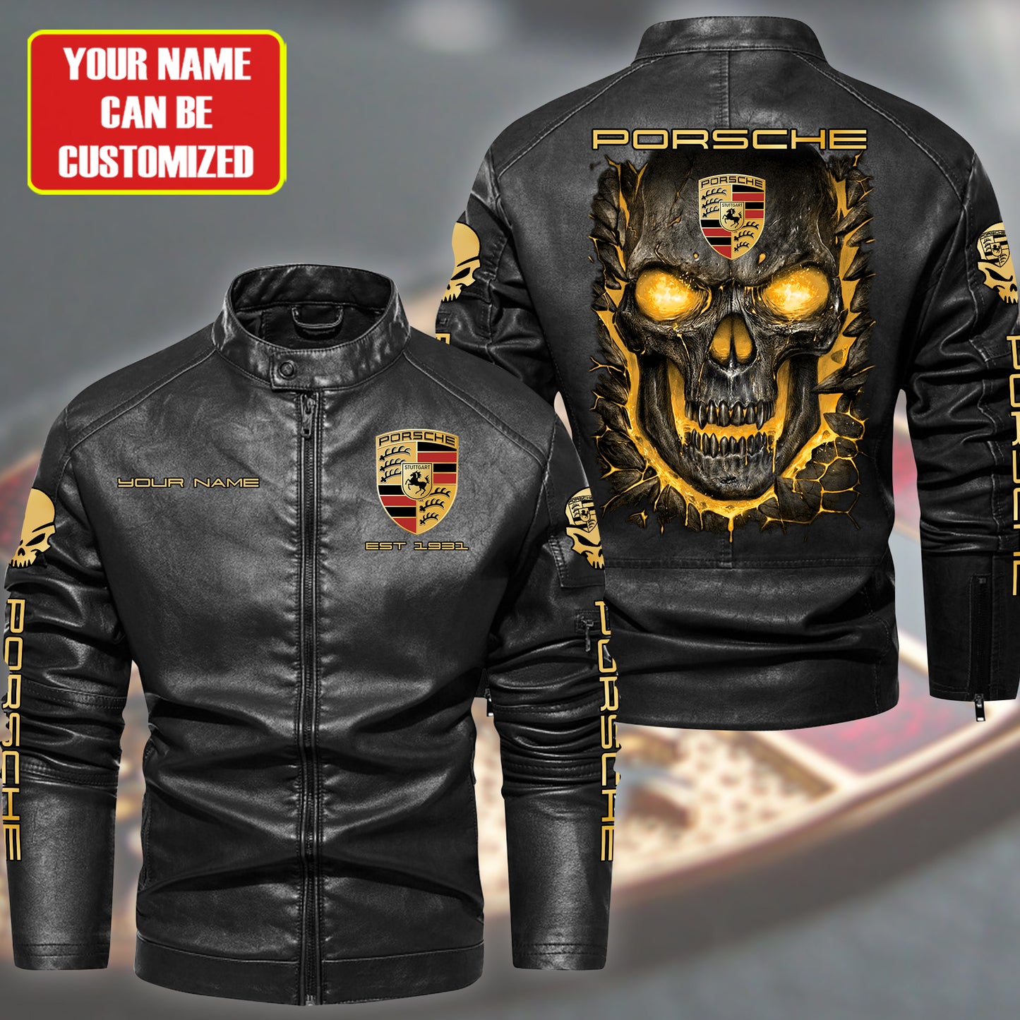 Personaziled Pors Skull Collar Leather Jacket Q031105