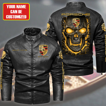 Personaziled Pors Skull Collar Leather Jacket Q031105