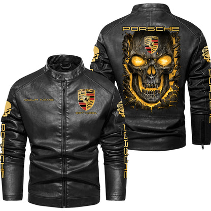 Personaziled Pors Skull Collar Leather Jacket Q031105