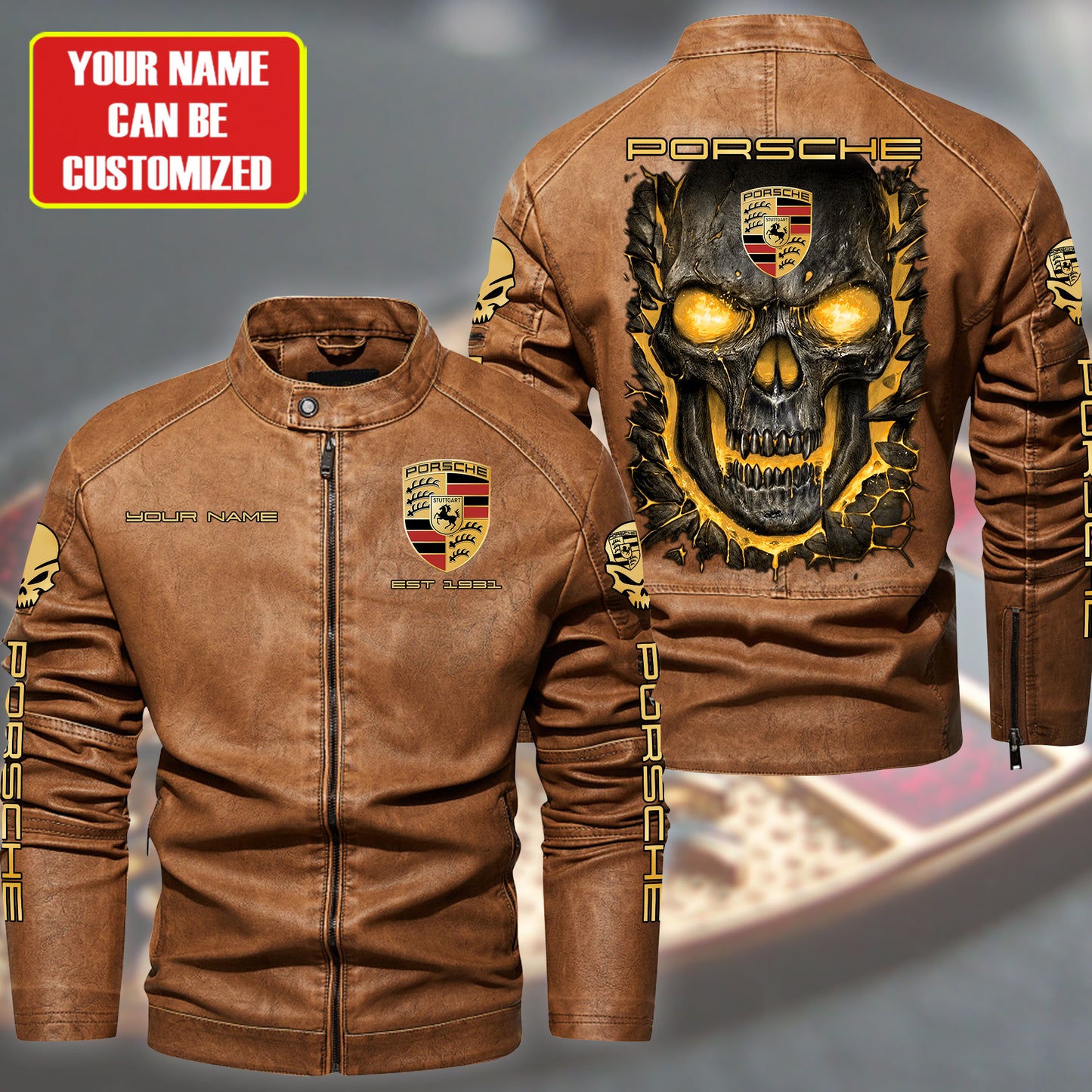 Personaziled Pors Skull Collar Leather Jacket Q031105