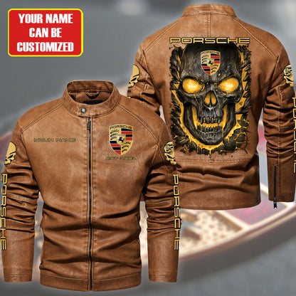 Personaziled Pors Skull Collar Leather Jacket Q031105