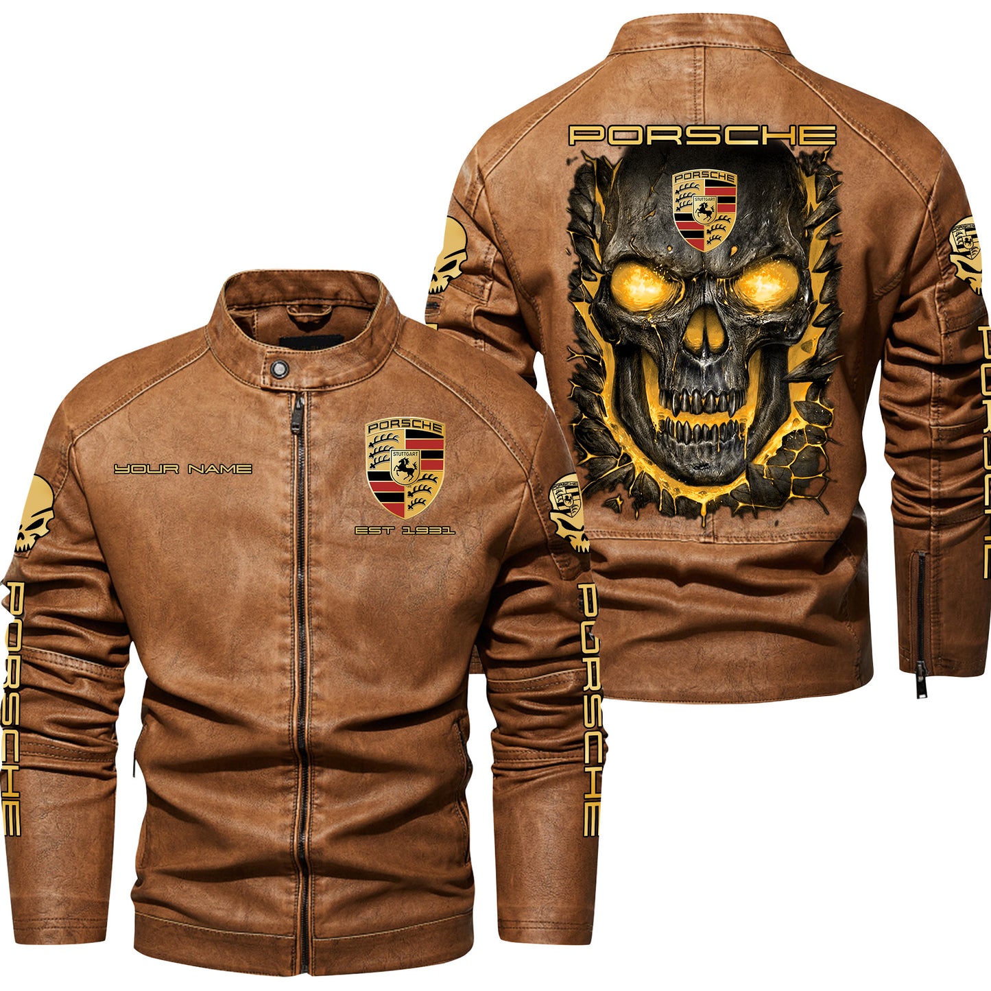 Personaziled Pors Skull Collar Leather Jacket Q031105
