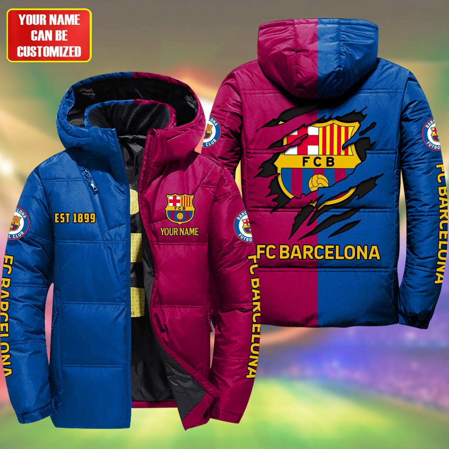 Personalized Barca FC 3D Puffer Thermal Jacket With Hood