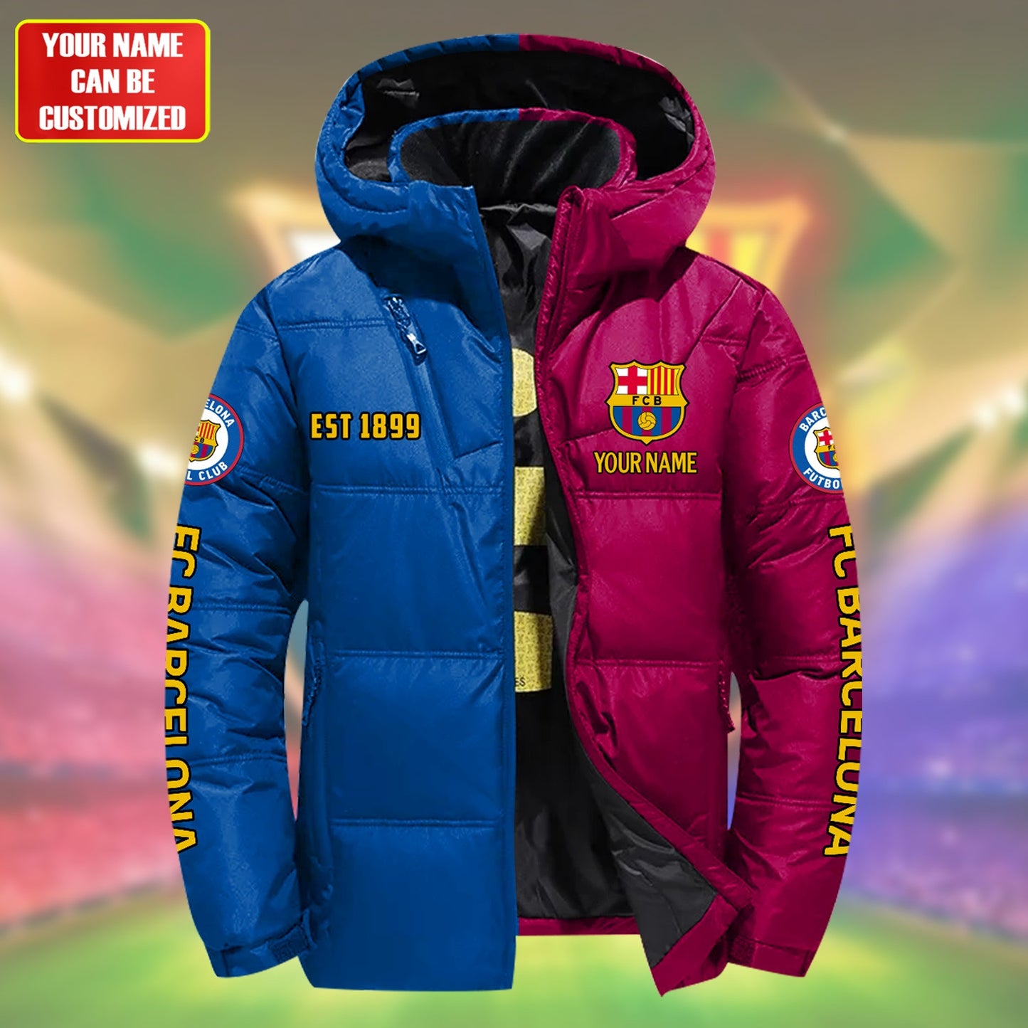 Personalized Barca FC 3D Puffer Thermal Jacket With Hood