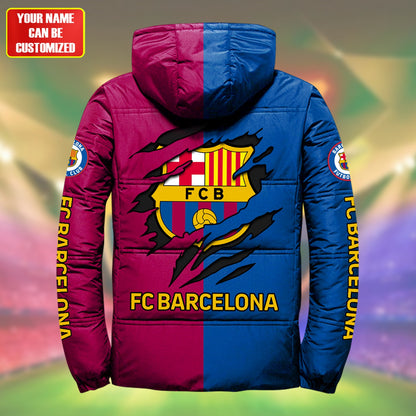 Personalized Barca FC 3D Puffer Thermal Jacket With Hood