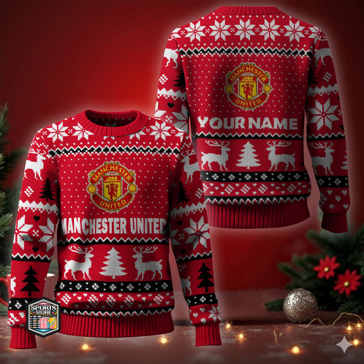 Personalized Man United Sport Ugly Christmas Sweater , Unisex Wool Sweater