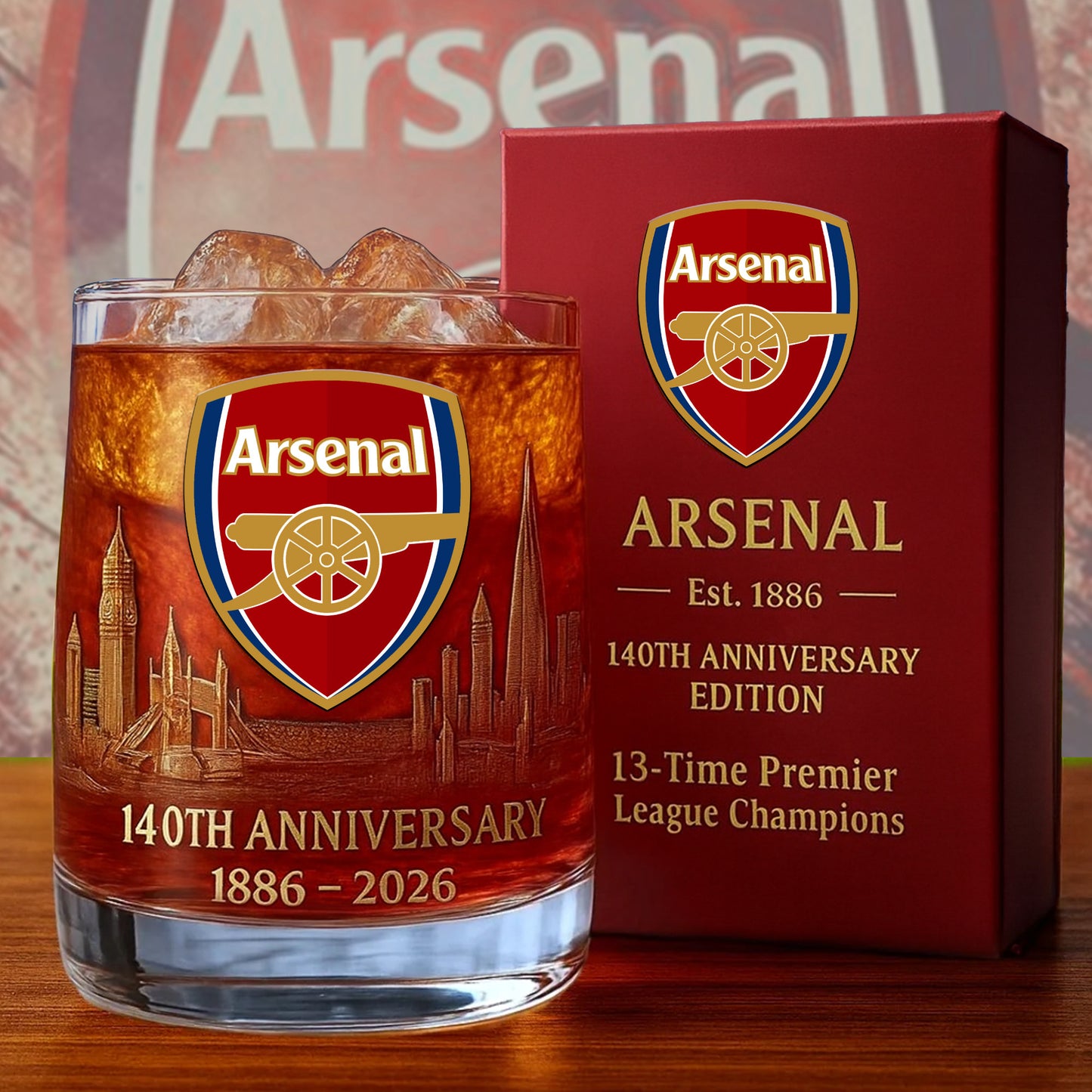 Personalized Arsenal 140 Years Anniversary Whisky , Arsenal Whiskey Glass V2
