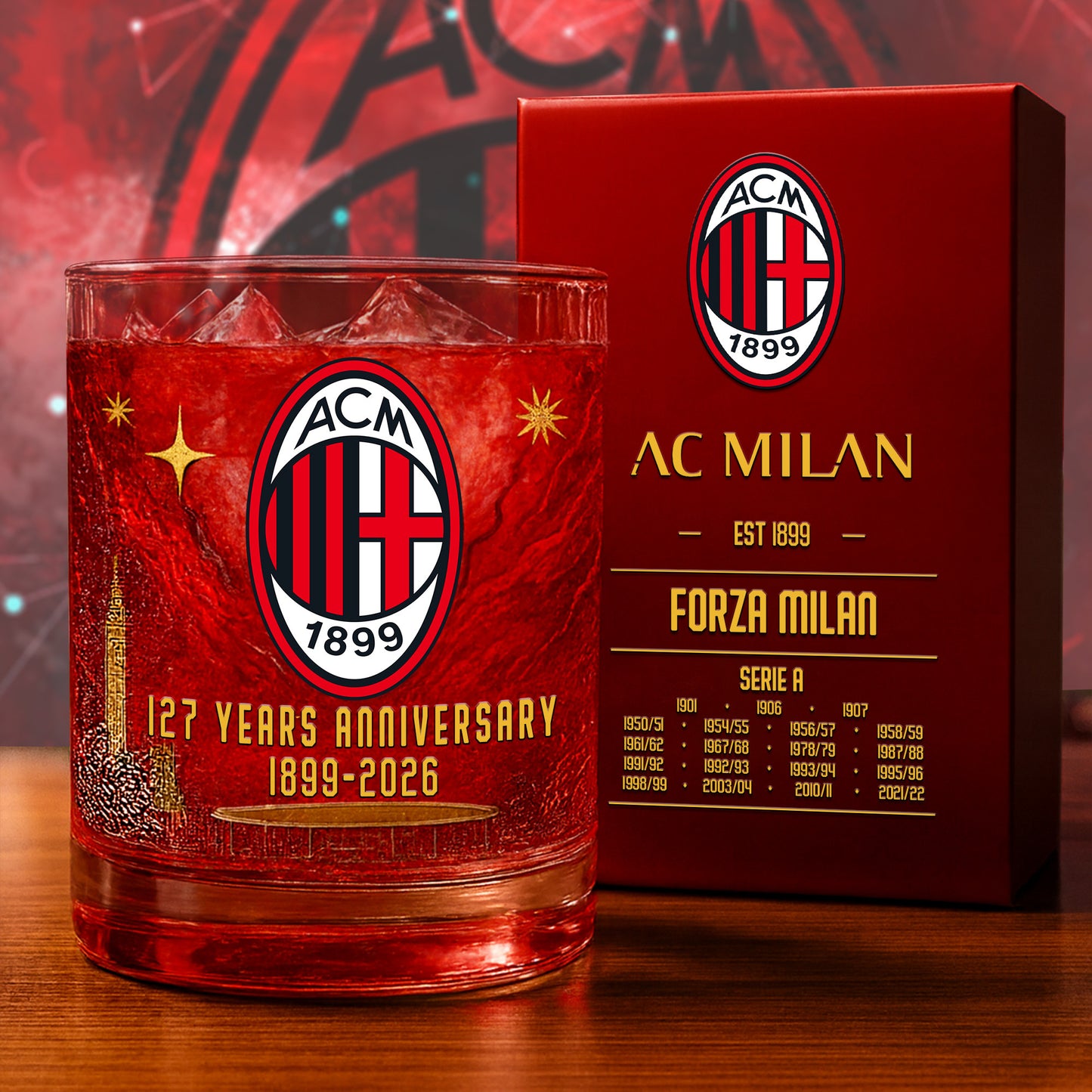 Personalized AC Milan 127 Years Anniversary Whisky , AC Milan Whiskey Glass