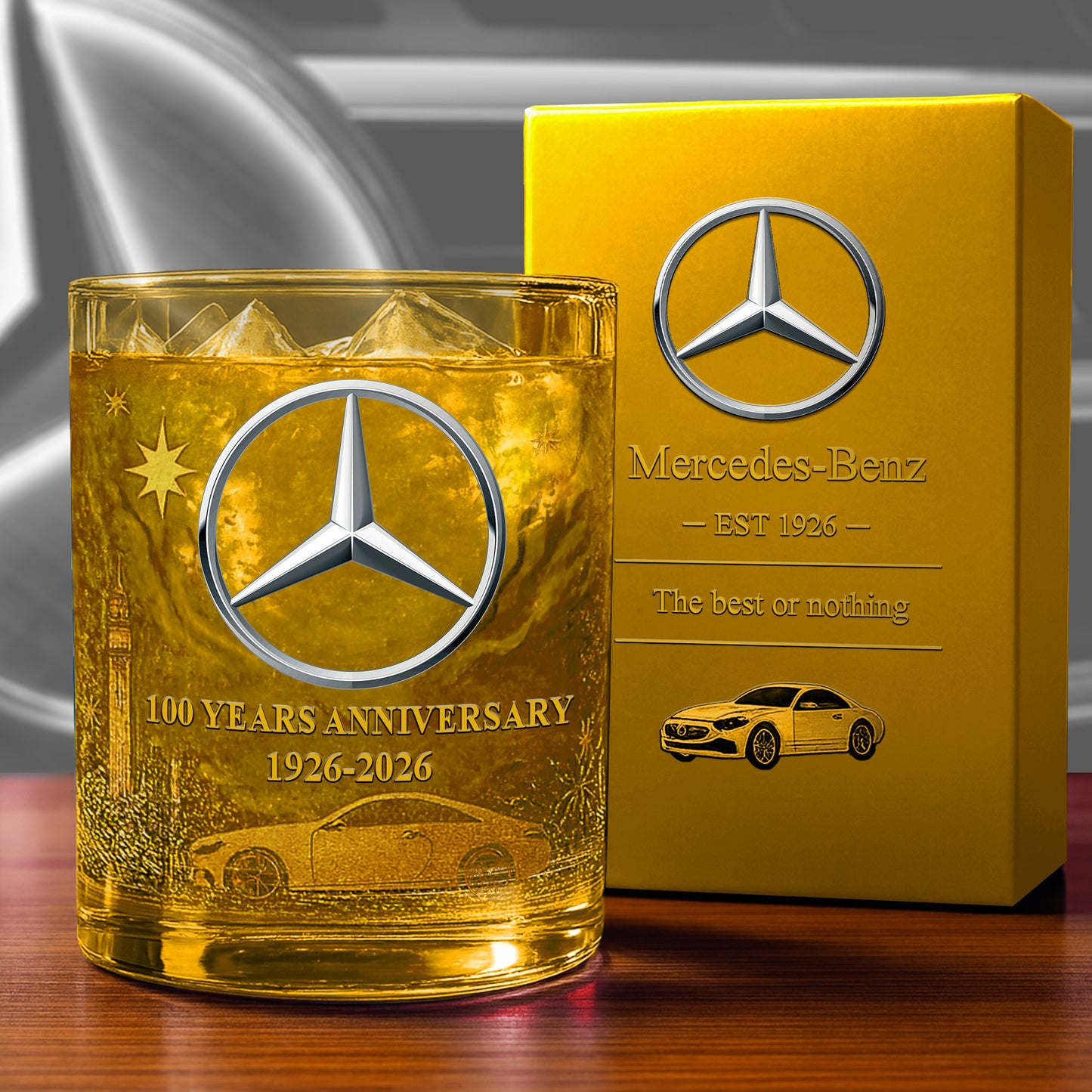 Personalized Merc 100 Years Anniversary Luxury Whisky , Merc Luxury Whiskey Glass
