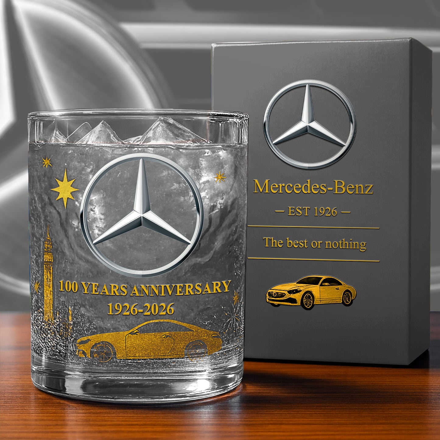 Personalized Merc 100 Years Anniversary Luxury Whisky , Merc Luxury Whiskey Glass