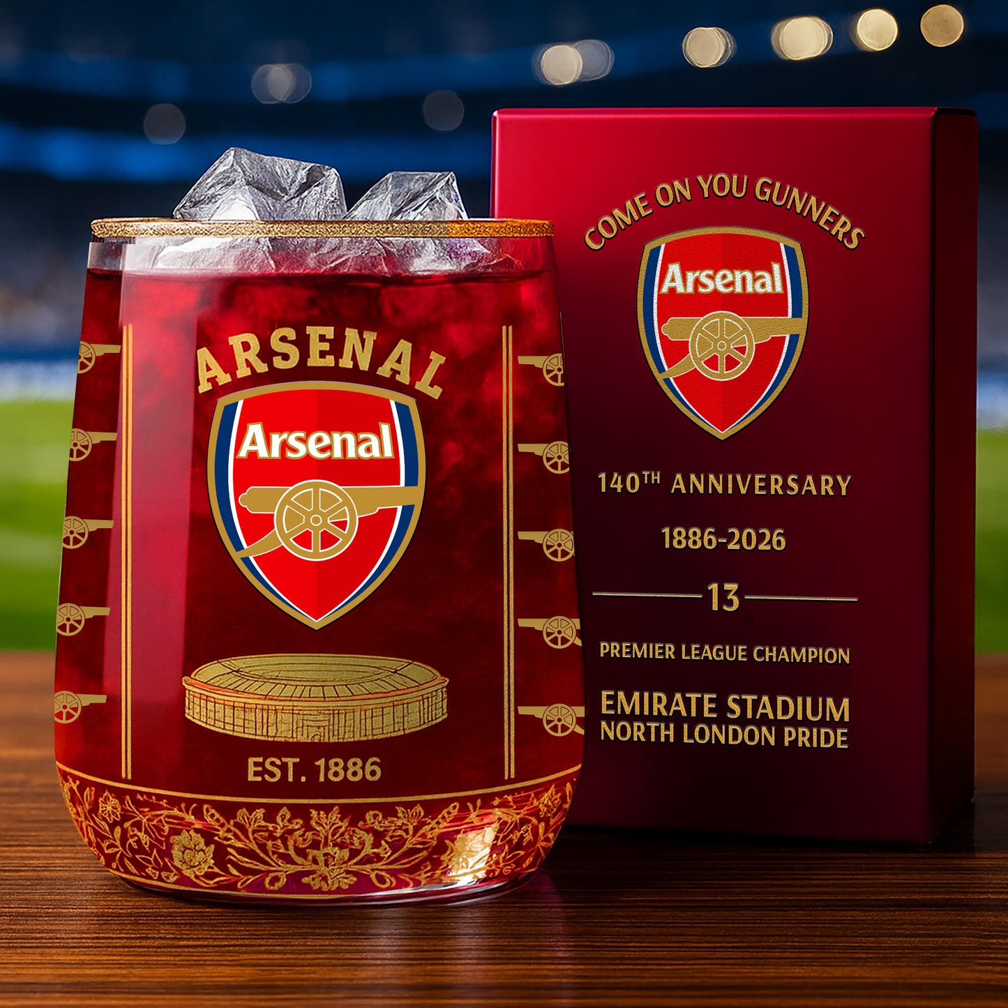 Personalized Arsenal 140 Years Anniversary Whisky , Arsenal Whiskey Glass V3