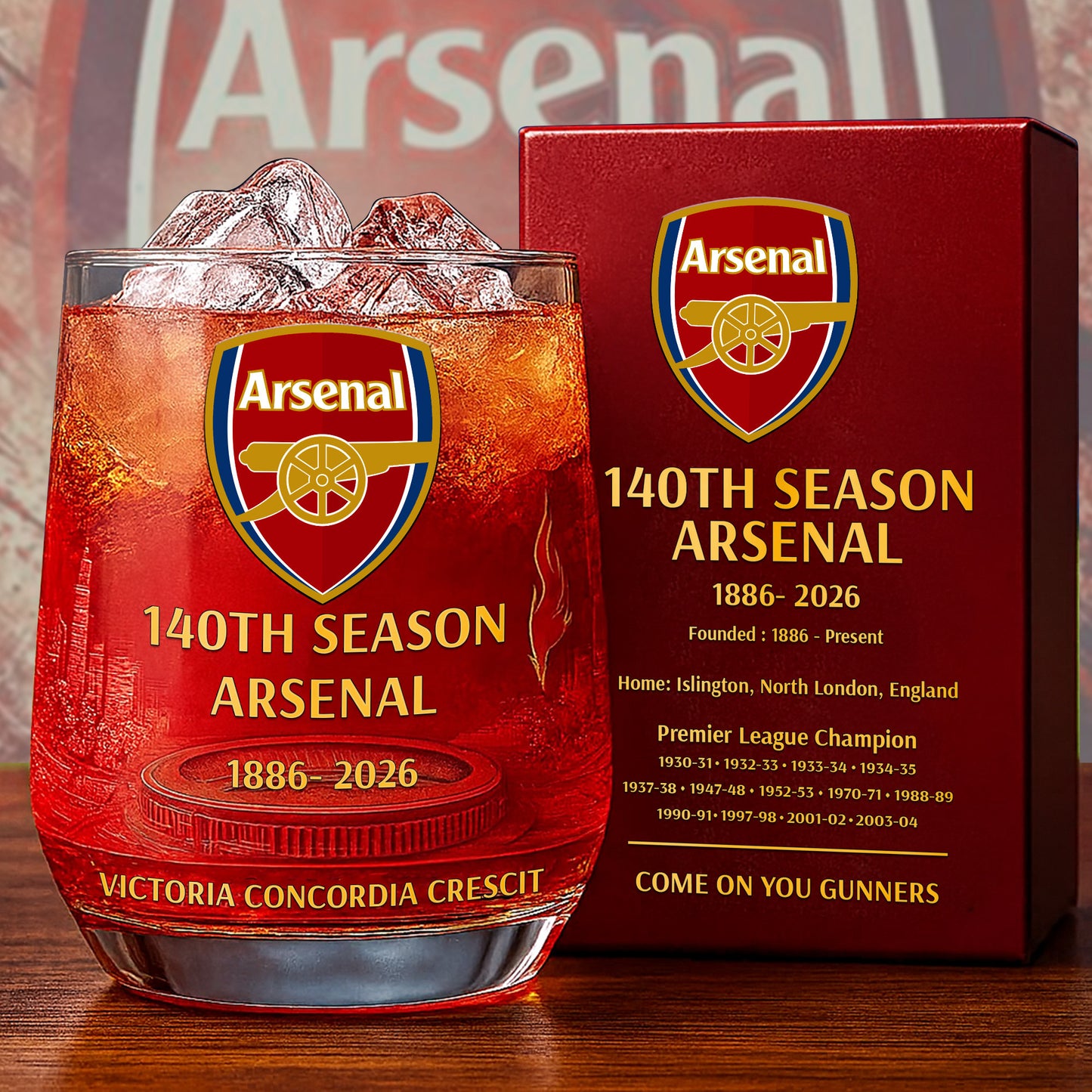 Personalized Arsenal 140 Years Anniversary Whisky , Arsenal Whiskey Glass V4