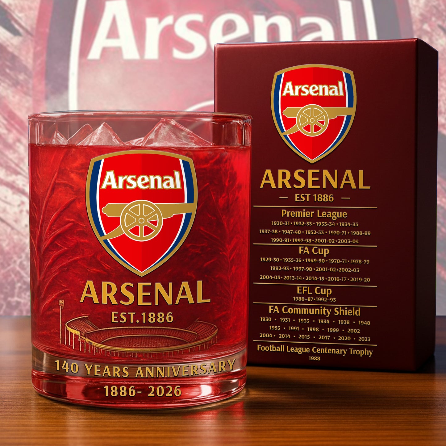 Personalized Arsenal 140 Years Anniversary Whisky , Arsenal Whiskey Glass V5