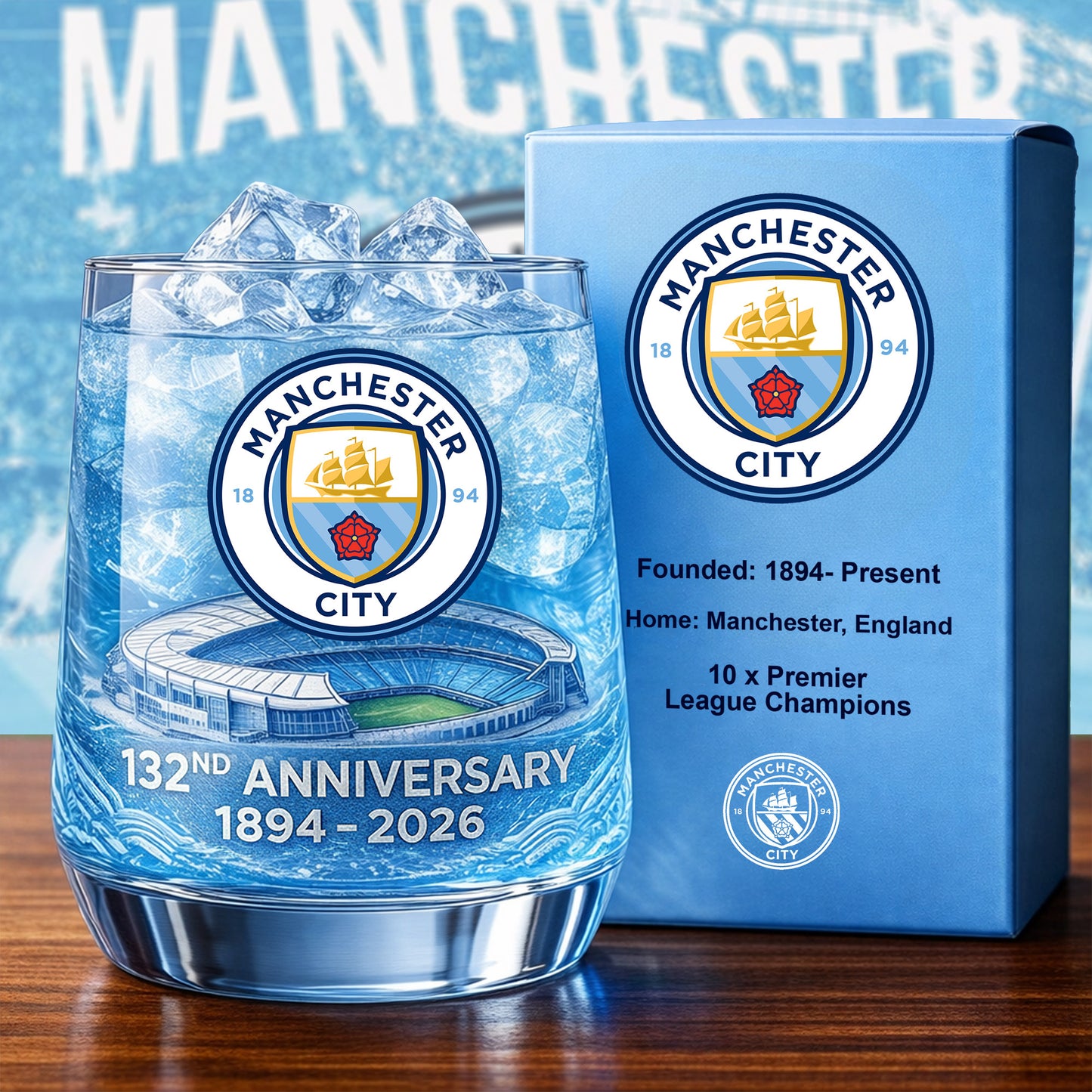 Personalized Man City 132 Years Anniversary Whisky , Man City Whiskey Glass