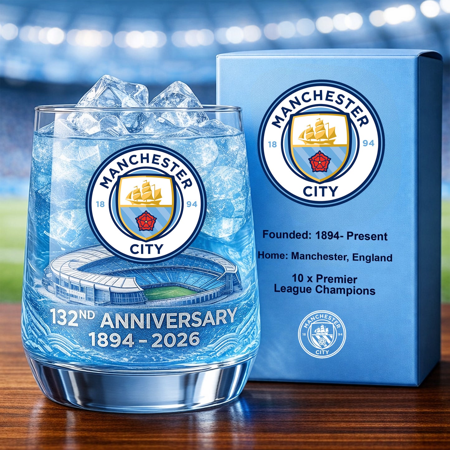 Personalized Man City 132 Years Anniversary Whisky , Man City Whiskey Glass