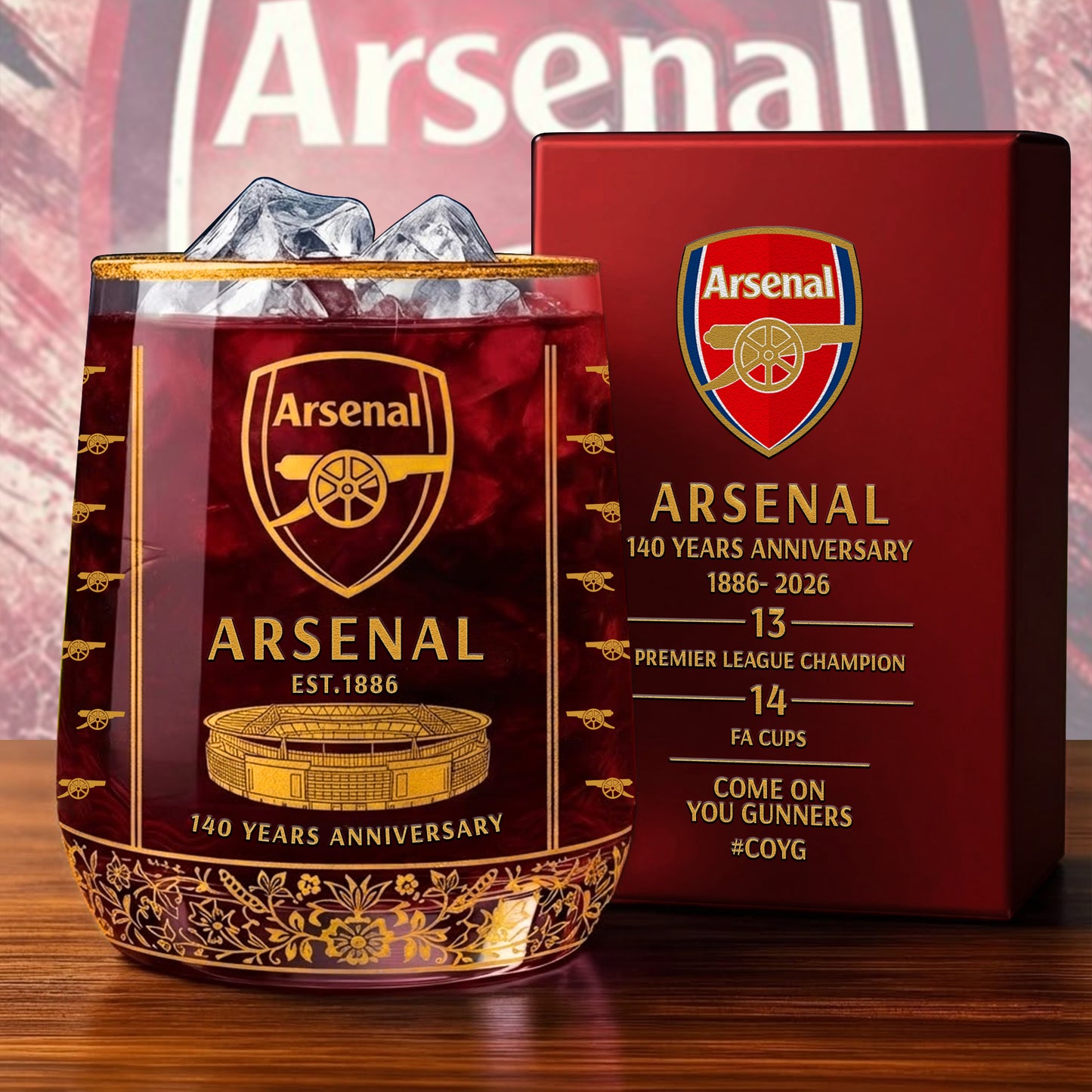 Personalized Arsenal 140 Years Anniversary Whisky , Arsenal Whiskey Glass V9