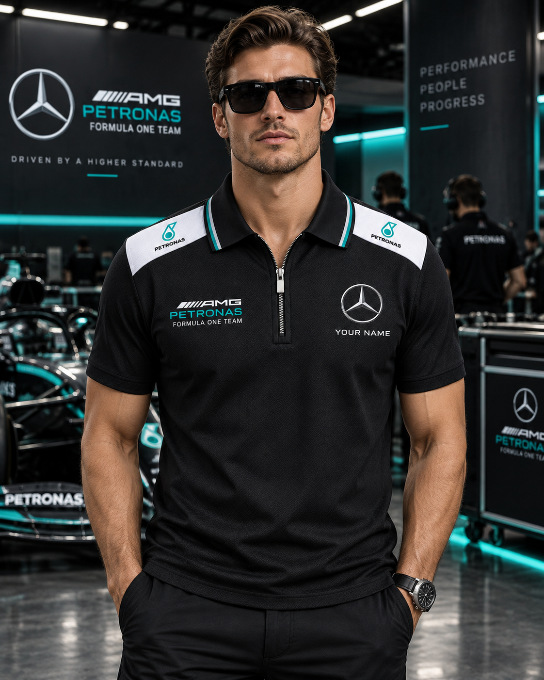 Personalized Merc AMG Petronas Division Zipper Polo ,T-shirt, Hoodie , Short , Polo , hawaii