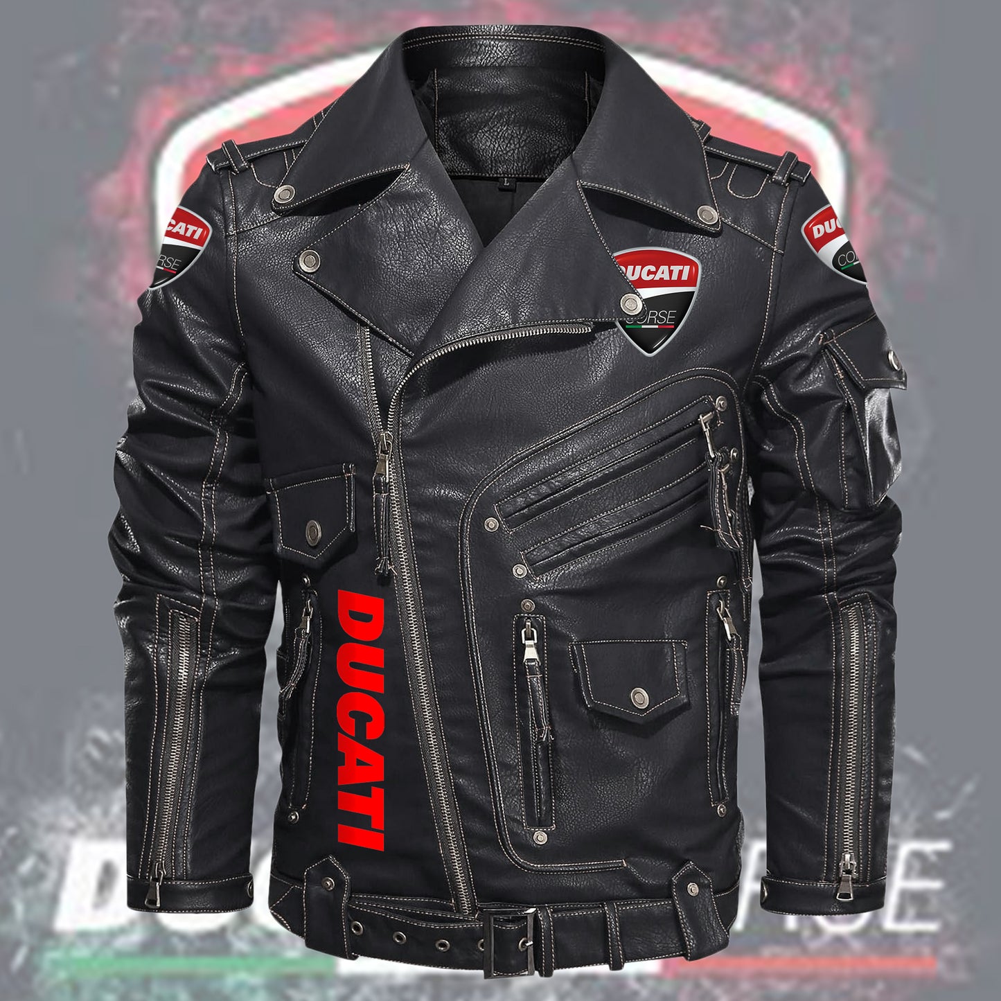 DCT Belt Solid Zipper Street Leather Jacket