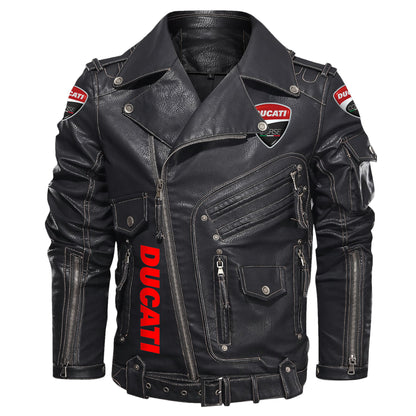 DCT Belt Solid Zipper Street Leather Jacket