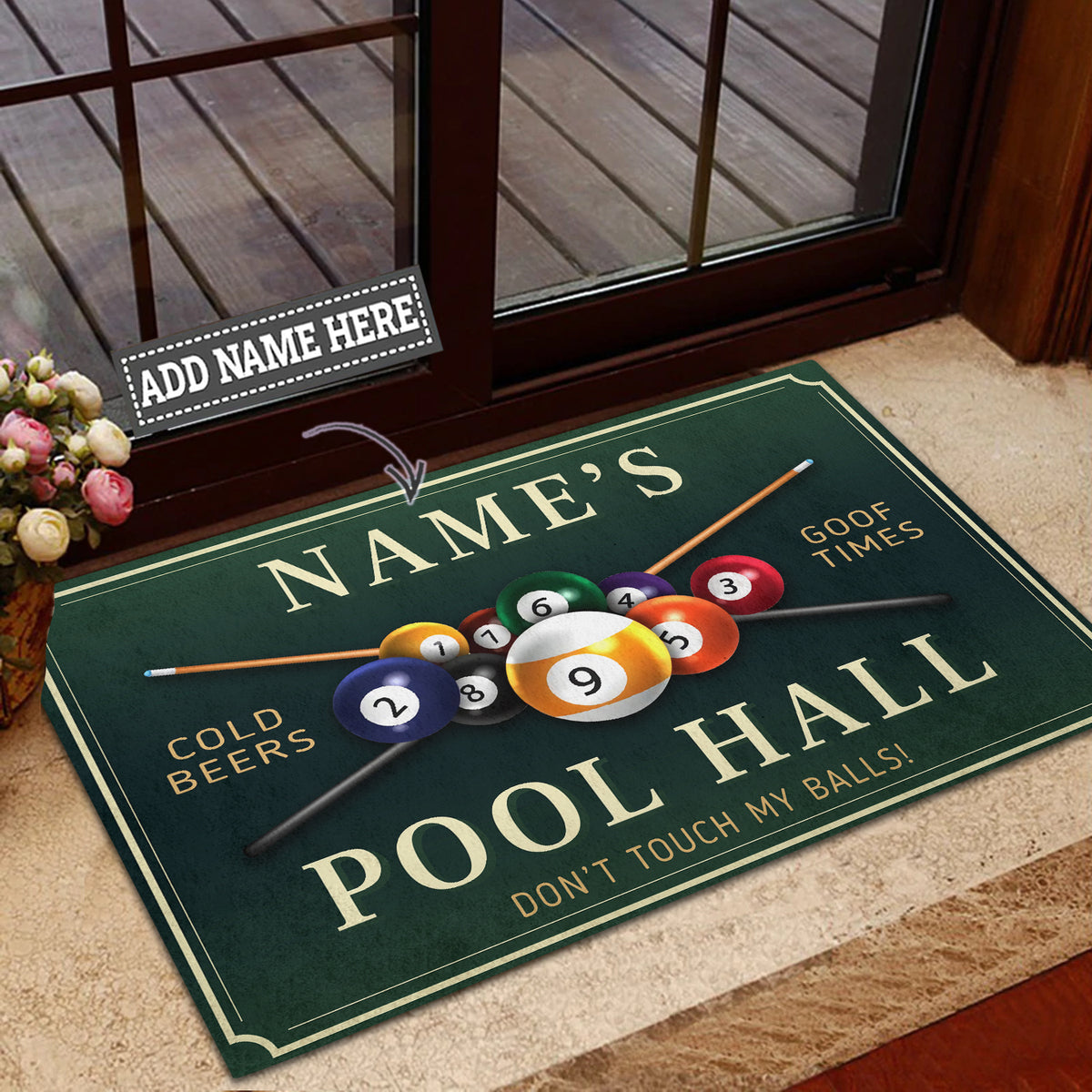 Personalized Name Pool Hand , Dont touch my balls ! Billiards Doormat