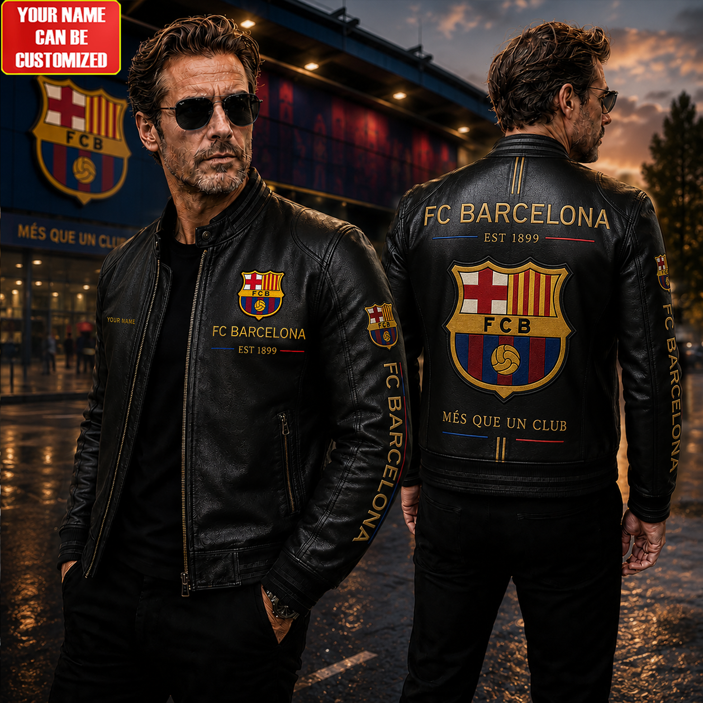 Barca FC Personalized Edition Vintage Collar Leather Jacket