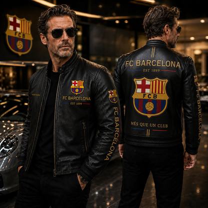 Barca FC Personalized Edition Vintage Collar Leather Jacket