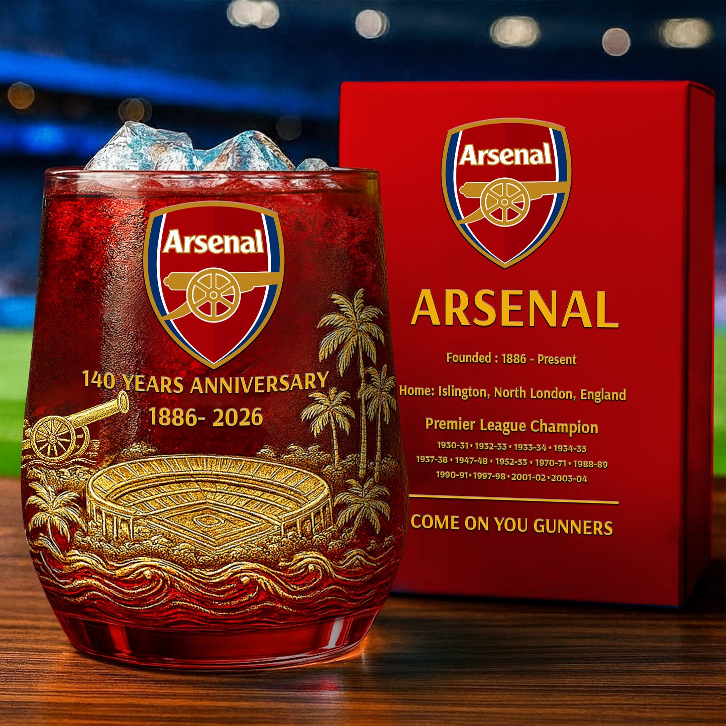 Personalized Arsenal 140 Years Anniversary Whisky , Arsenal Whiskey Glass V6