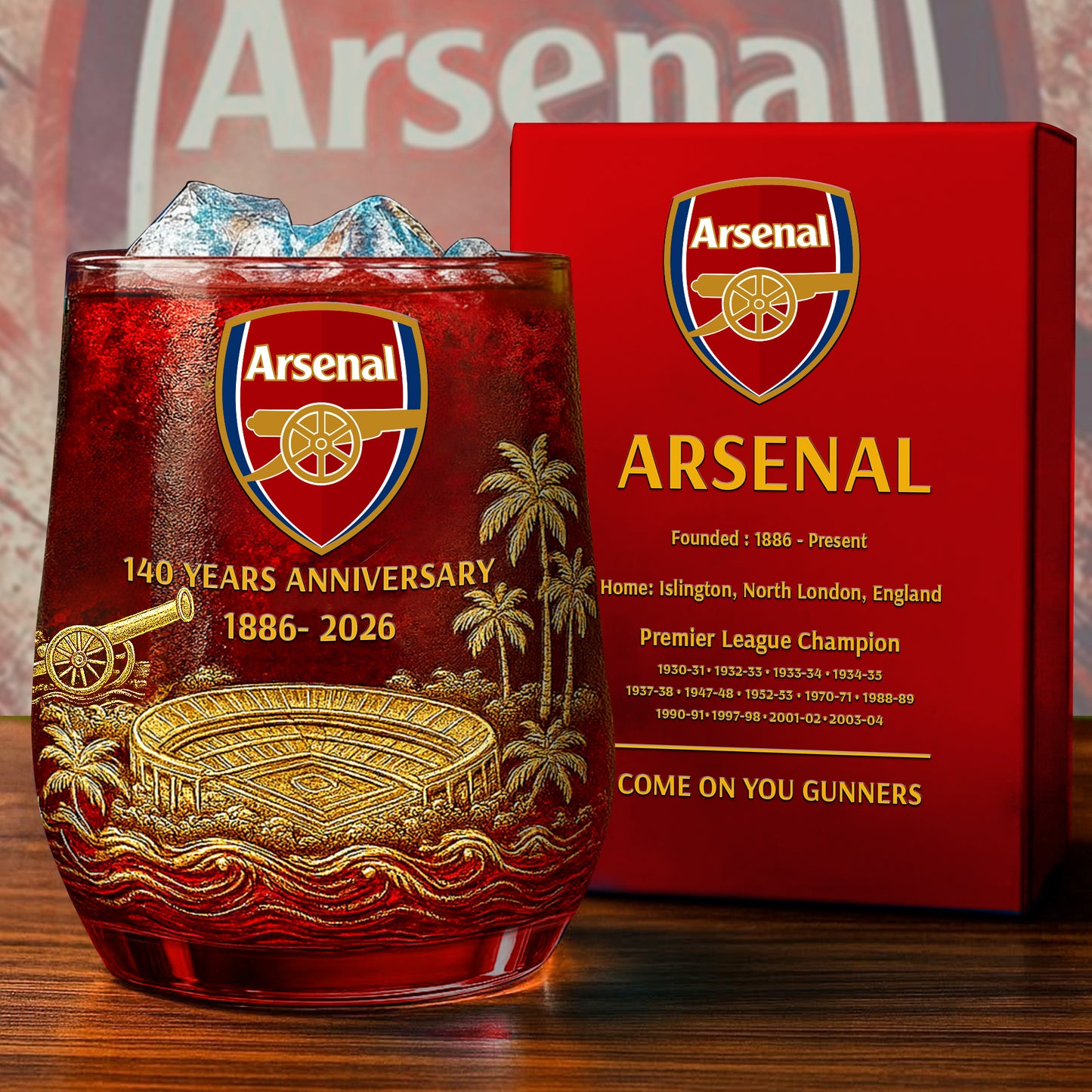 Personalized Arsenal 140 Years Anniversary Whisky , Arsenal Whiskey Glass V6