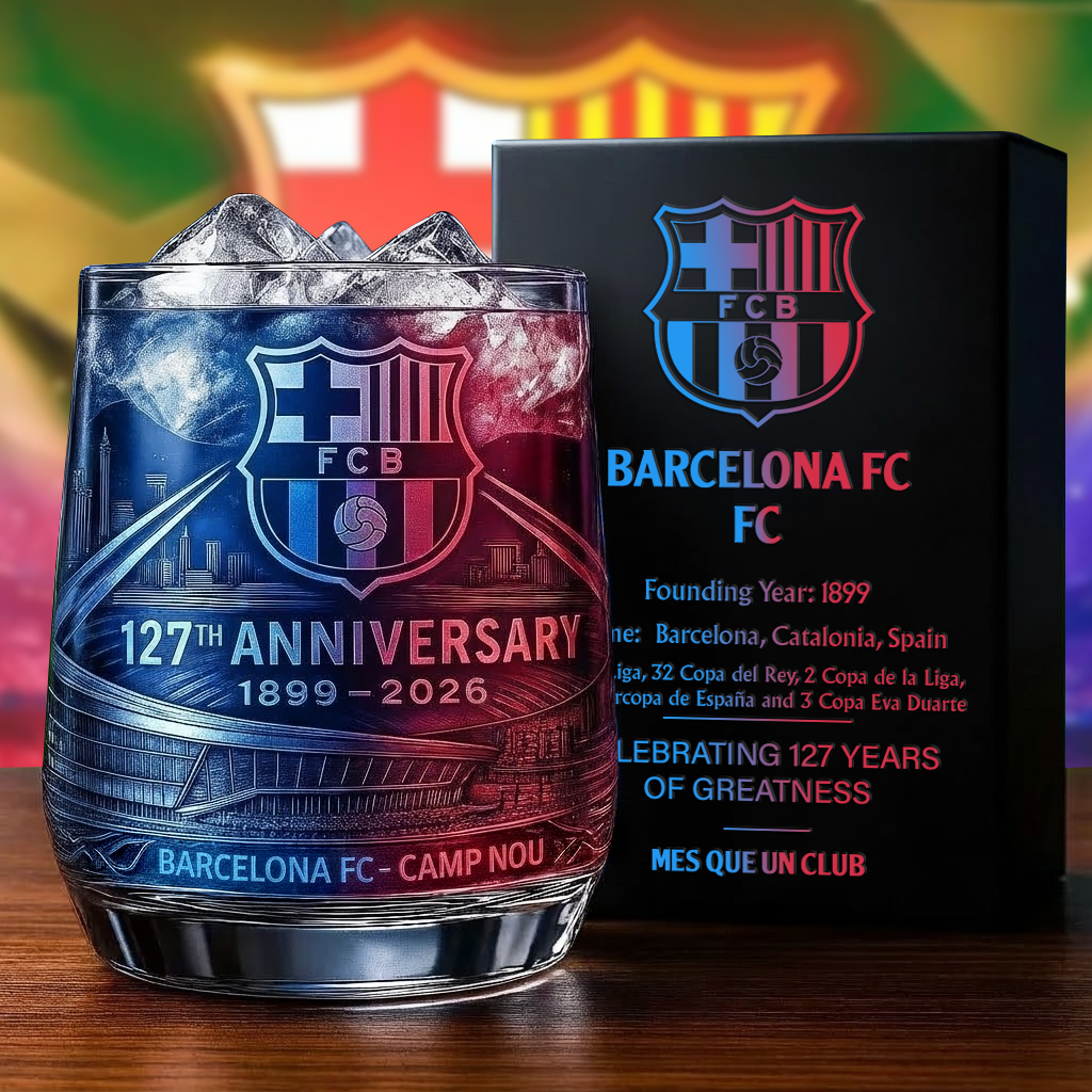 Personalized Barca FC 127 Years Anniversary Whisky , Barca Whiskey Glass V6