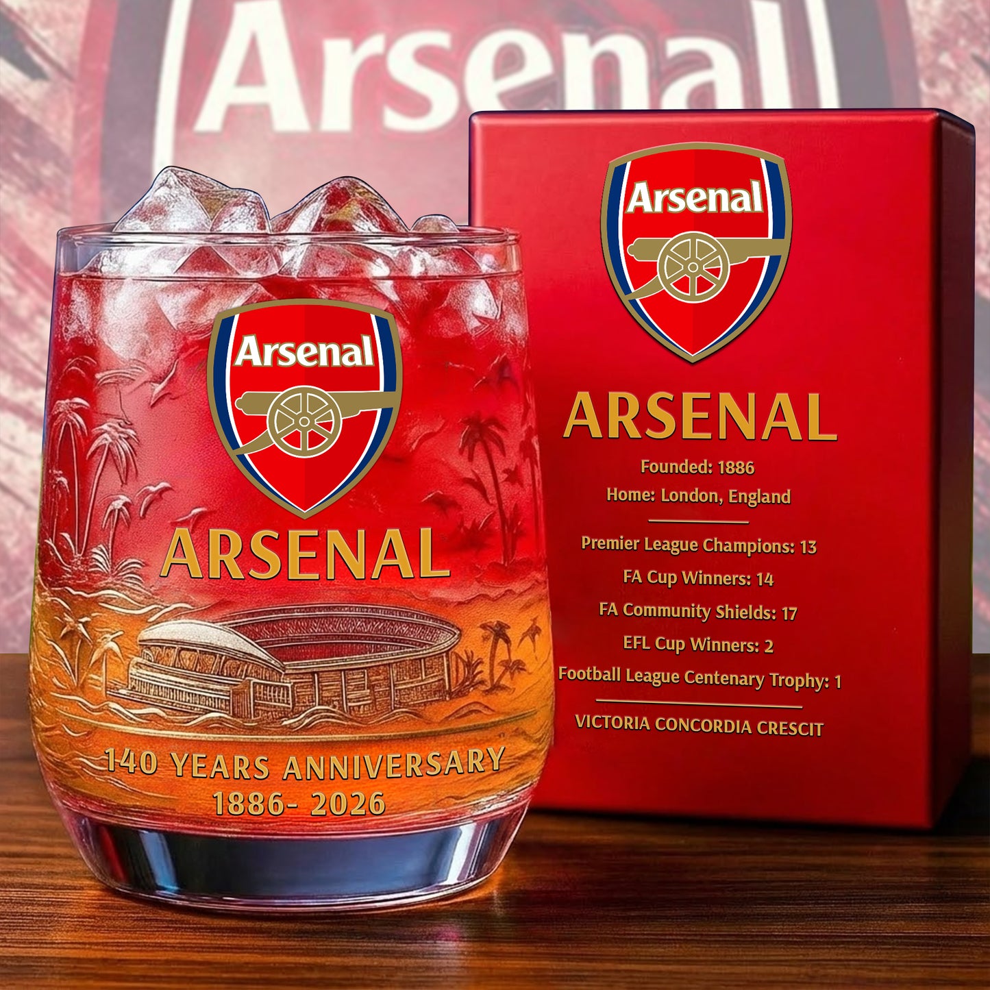 Personalized Arsenal 140 Years Anniversary Whisky , Arsenal Whiskey Glass V8